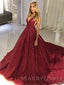 A-line Burgundy Sequin Deep V-neck Long Mermaid Evening Prom Dresses, Cheap Custom Prom Dresses, MR7746