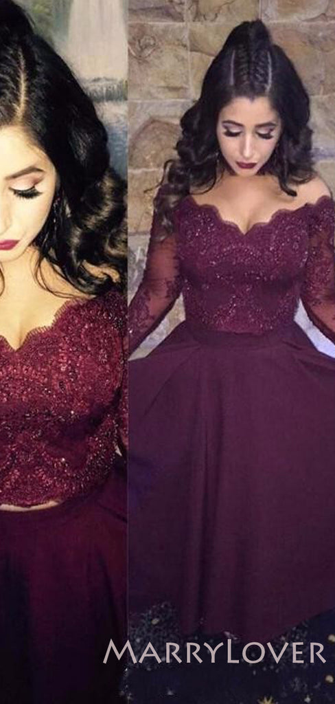 Burgundy Satin Lace Long Sleeves Applique Long High-low Evening Prom Dresses, MR7764