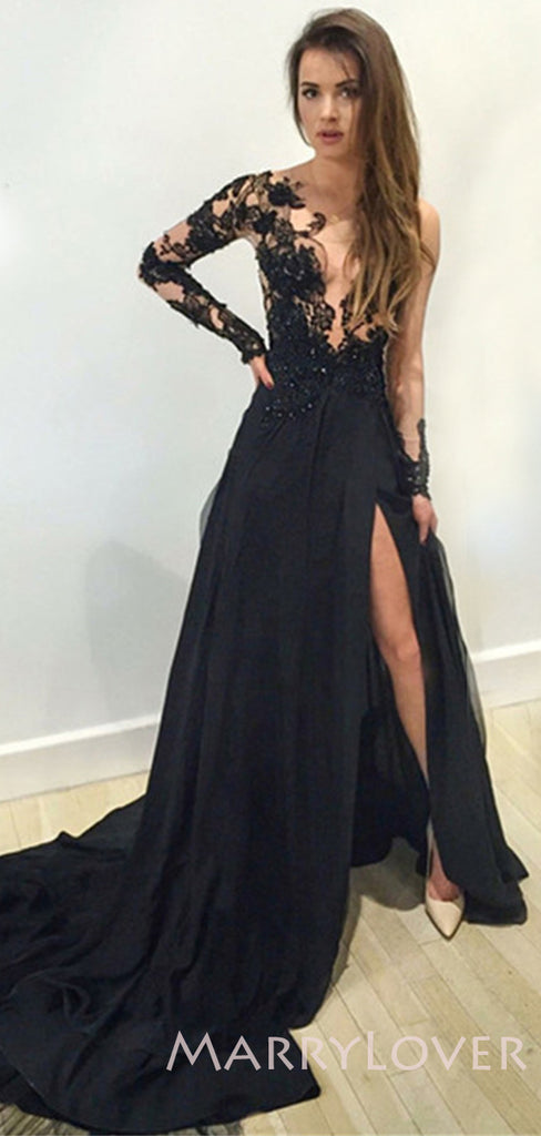 A-line Long Sleeves Applique Side Slit  Black Long Evening Prom Dresses, MR7766