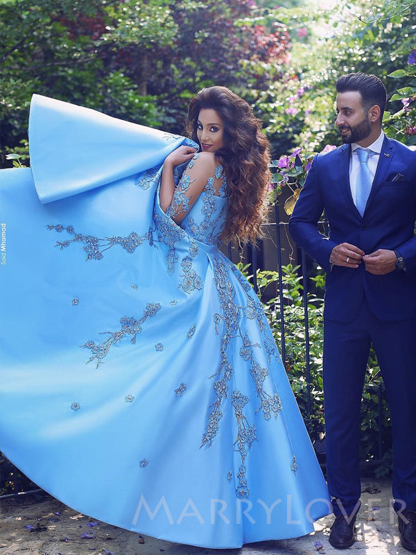 A-line Sky Blue Satin Appliques Long Evening Prom Dresses, Cheap Custom Prom Dresses, MR7768