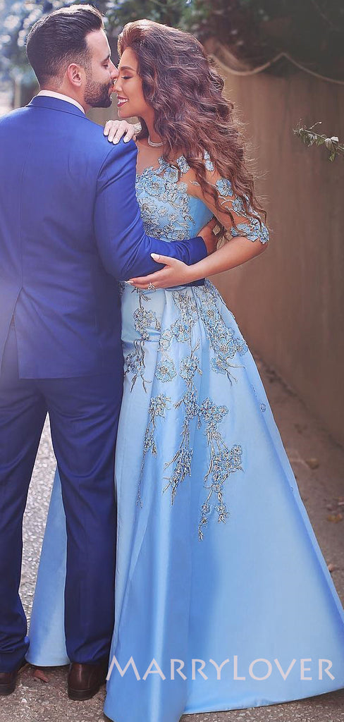 A-line Sky Blue Satin Appliques Long Evening Prom Dresses, Cheap Custom Prom Dresses, MR7768