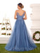 A-line Dusty Blue Tulle Lace Long Appliques Evening Prom Dresses, Cheap Custom Prom Dresses, MR7775