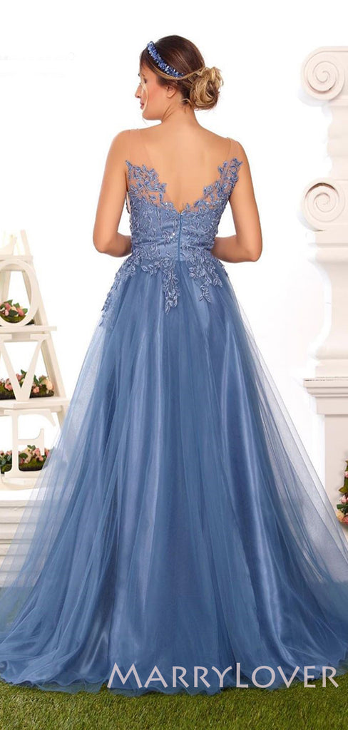 A-line Dusty Blue Tulle Lace Long Appliques Evening Prom Dresses, Cheap Custom Prom Dresses, MR7775