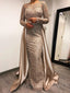 Long Sleeves Mermaid Champagne Gold Lace Long Evening Prom Dresses, MR7779