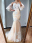 Long Sleeves Champagne Mermaid Tulle Lace Long Evening Prom Dresses, MR7780