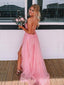 A-line Spaghetti Straps Pink Tulle Appliques Side Slit Lace Long Evening Prom Dresses, MR7792