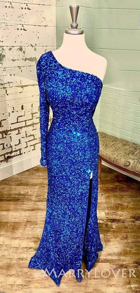 One Shoulder Long Sleeves Tiffany Blue Sequin Long Mermaid Evening Prom Dresses, Cheap Custom Prom Dresses, MR7793