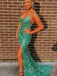 Green Sequin Mermaid Spaghetti Straps Long Evening Prom Dresses, Cheap Custom Prom Dresses, MR7795