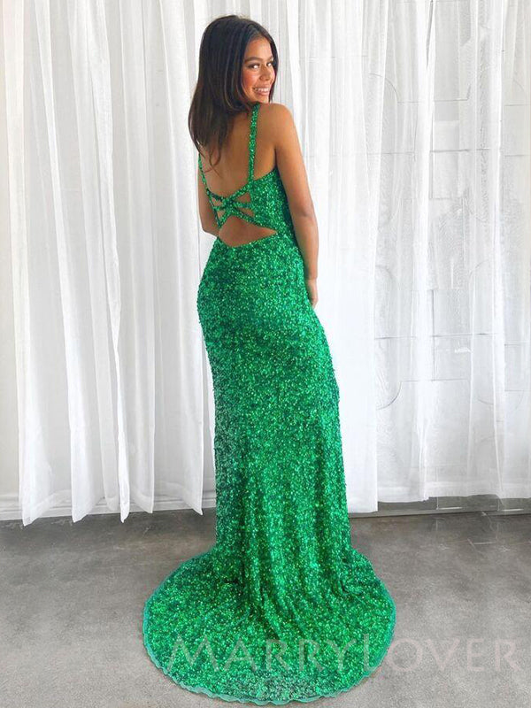 Mermaid Green Sequin V-neck Long Evening Prom Dresses, Cheap Custom Prom Dresses, MR7801