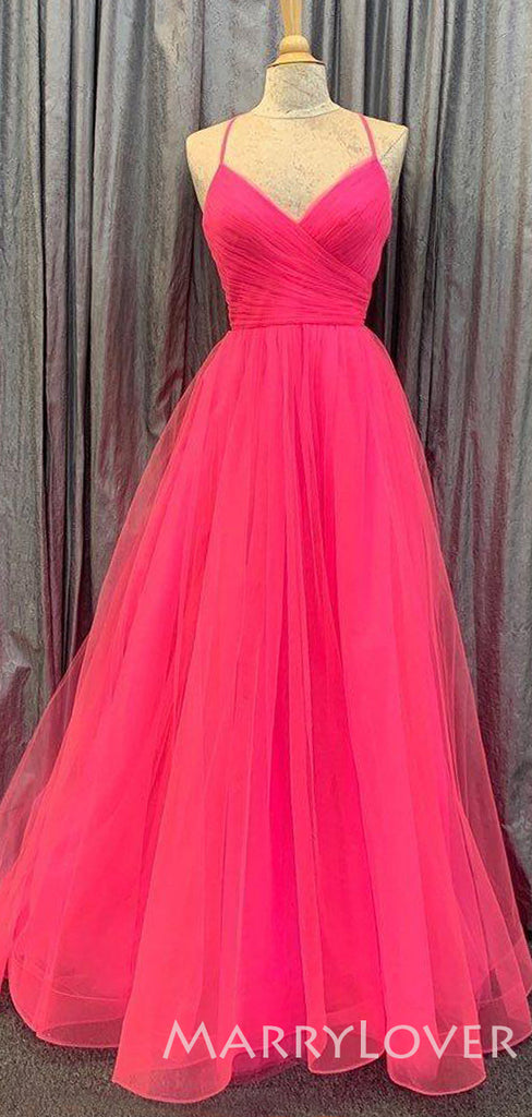 Hot Pink Tulle A-line V-neck Pleat Spaghetti Straps Long Evening Prom Dresses, Cheap Custom Prom Dress, MR7802