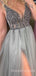 Grey Tulle See Through V-neck Beaded Long Evening Prom Dresses, Cheap Custom V-back Prom Dress, MR7805