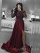 Long Sleeves A-line Burgundy Satin Appliques Long Evening Prom Dresses, Cheap Custom Prom Dresses, MR7808