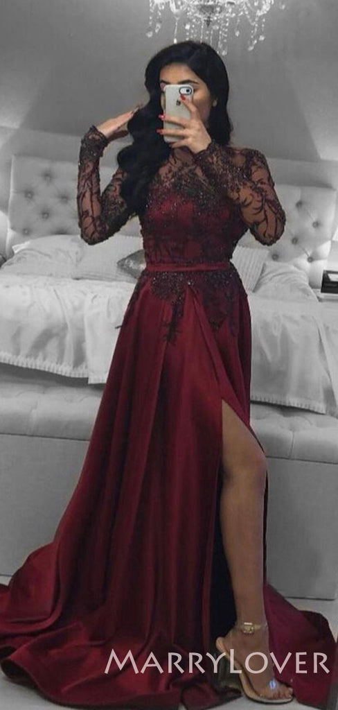 Long Sleeves A-line Burgundy Satin Appliques Long Evening Prom Dresses, Cheap Custom Prom Dresses, MR7808