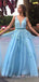 A-line Blue Tulle Appliques Lace Long Evening Prom Dresses, Cheap Custom Prom Dresses, MR7811