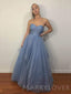 A-line Dusty Blue Tulle Sparkly Long Strapless Evening Prom Dresses, Cheap Custom Prom Dress, MR7812