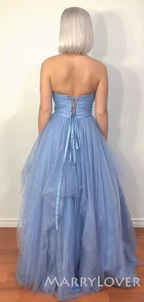 A-line Dusty Blue Tulle Sparkly Long Strapless Evening Prom Dresses, Cheap Custom Prom Dress, MR7812