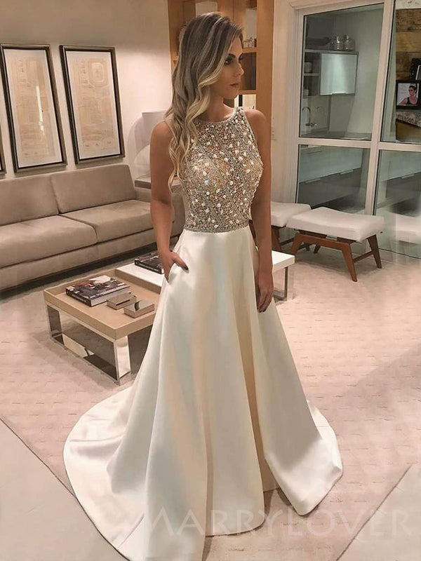 A-line White Satin illusion Beaded Long Evening Prom Dresses, Cheap Custom prom dresses, MR7814