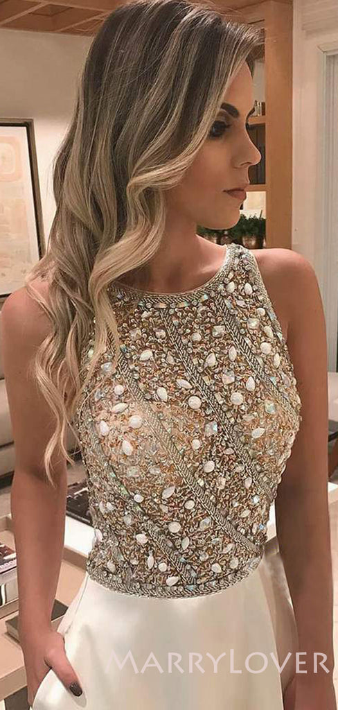 A-line White Satin illusion Beaded Long Evening Prom Dresses, Cheap Custom prom dresses, MR7814