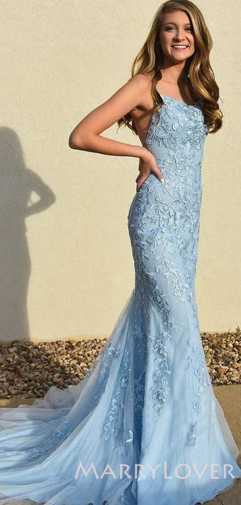 Tulle Mermaid Lace Strapless Long Evening Prom Dresses, MR7819