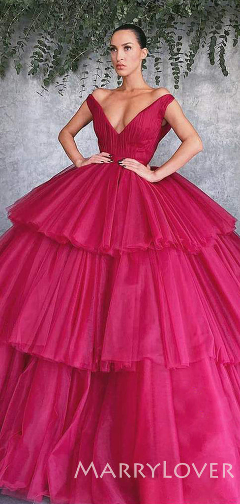Ball Gown Burgundy Tulle V-neck Long Evening Prom Dresses, Cheap Custom Prom Dresses, MR7821