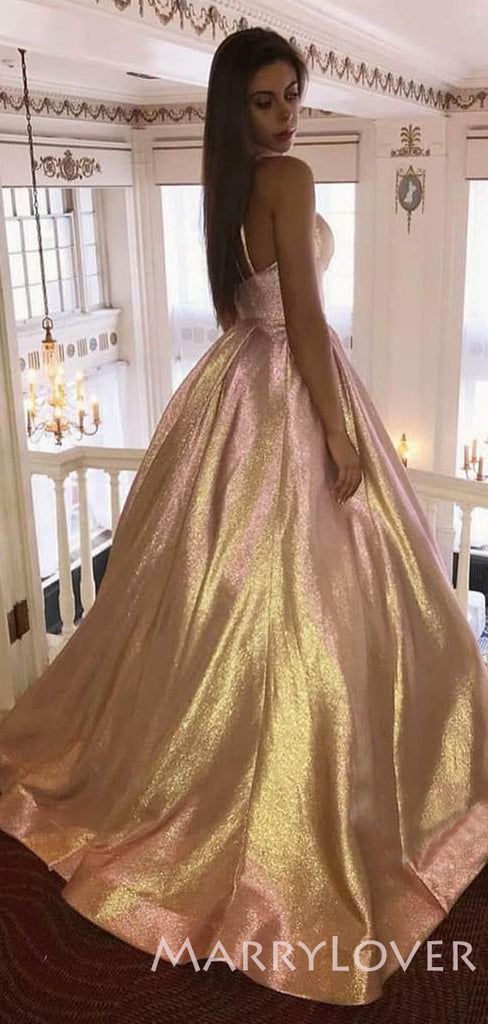 Champagne A-Line Sparkle Spaghetti Straps V Neck Long Evening Prom Dresses, Cheap Custom Prom Dresses, MR7824