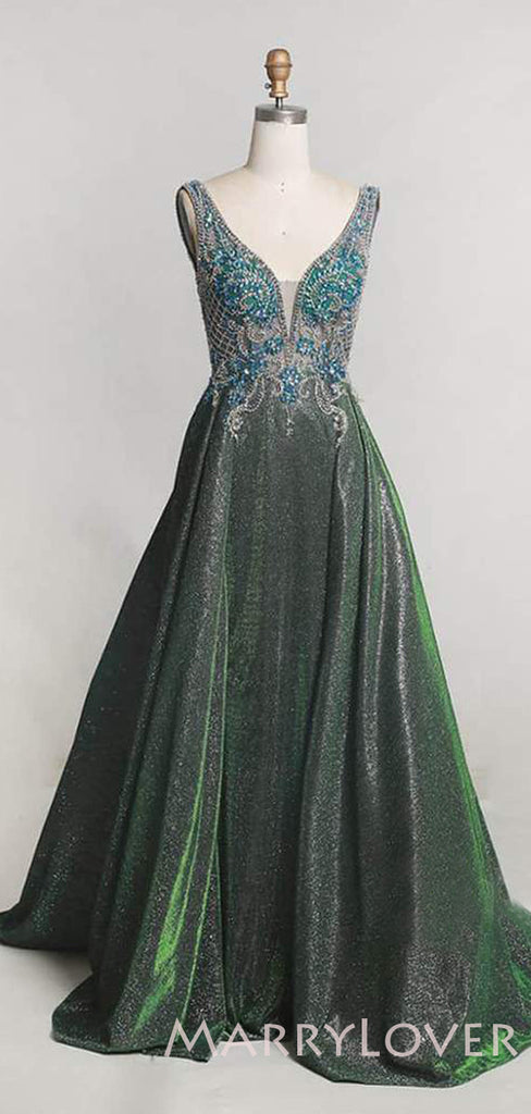 A-Line Sparkly Beaded V Neck Long Evening Prom Dresses, Cheap Custom Prom Dresses, MR7825