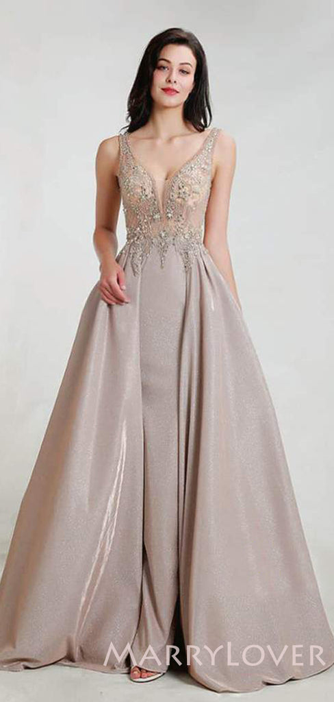 A-Line Sparkly Beaded V Neck Long Evening Prom Dresses, Cheap Custom Prom Dresses, MR7825