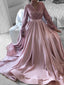 A-line Long Sleeves Pink Satin Sequin Long Evening Prom Dresses, Cheap Custom prom dresses, MR7827