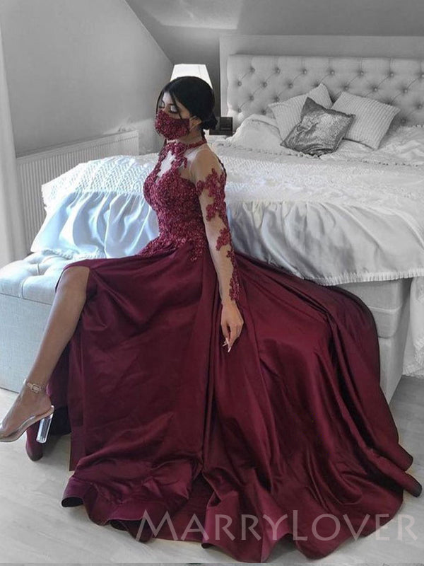 A-line Burgundy Satin Long Sleeves Appliques Long Evening Prom Dresses, Cheap Custom Prom Dresses, MR7831