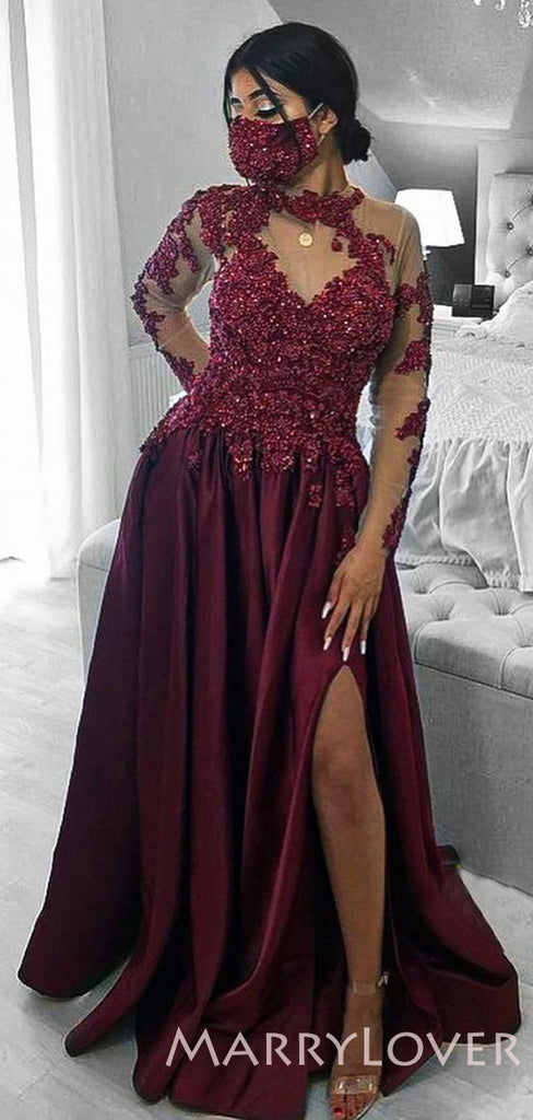 A-line Burgundy Satin Long Sleeves Appliques Long Evening Prom Dresses, Cheap Custom Prom Dresses, MR7831