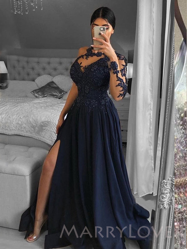 One Shoulder Long Sleeves Navy Blue Satin A-line Appliques Long Evening Prom Dresses, Cheap Custom Prom Dresses, MR7833