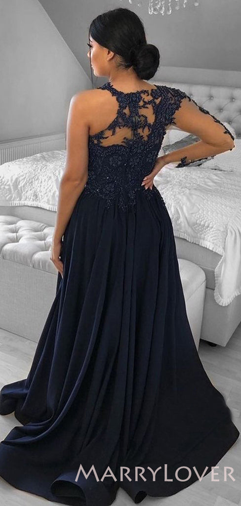 One Shoulder Long Sleeves Navy Blue Satin A-line Appliques Long Evening Prom Dresses, Cheap Custom Prom Dresses, MR7833