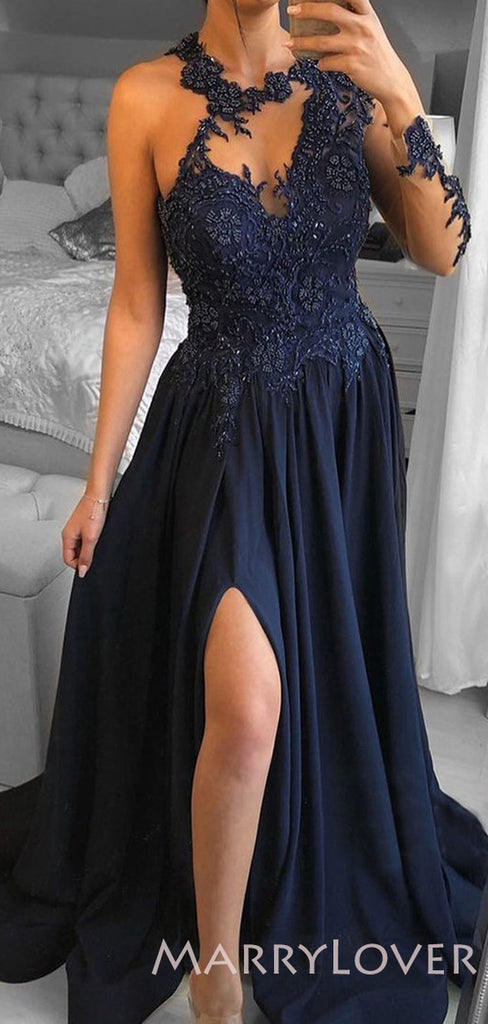 One Shoulder Long Sleeves Navy Blue Satin A-line Appliques Long Evening Prom Dresses, Cheap Custom Prom Dresses, MR7833