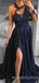 One Shoulder Long Sleeves Navy Blue Satin A-line Appliques Long Evening Prom Dresses, Cheap Custom Prom Dresses, MR7833