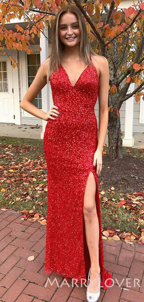 Red Sequin Mermaid Spaghetti Straps Long Evening Prom Dresses, Cheap Custom Prom Dresses, MR7834