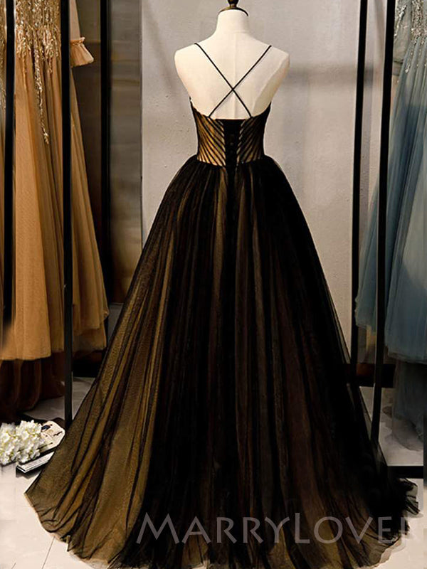 A-line Black Tulle Spaghetti Straps Long Evening Prom Dresses, Cheap Custom Prom Dress, MR7841