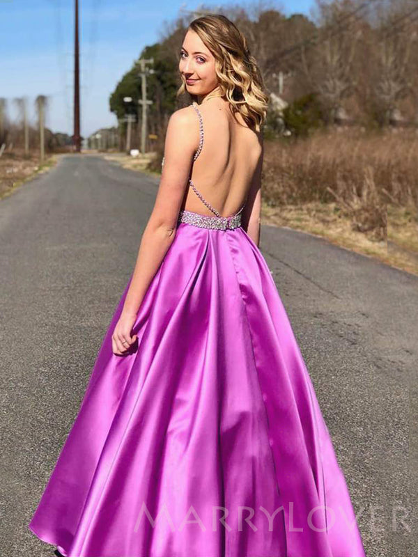 A-line Purple Satin Beaded Backless Long Evening Prom Dresses, Cheap Custom prom dresses, MR7844