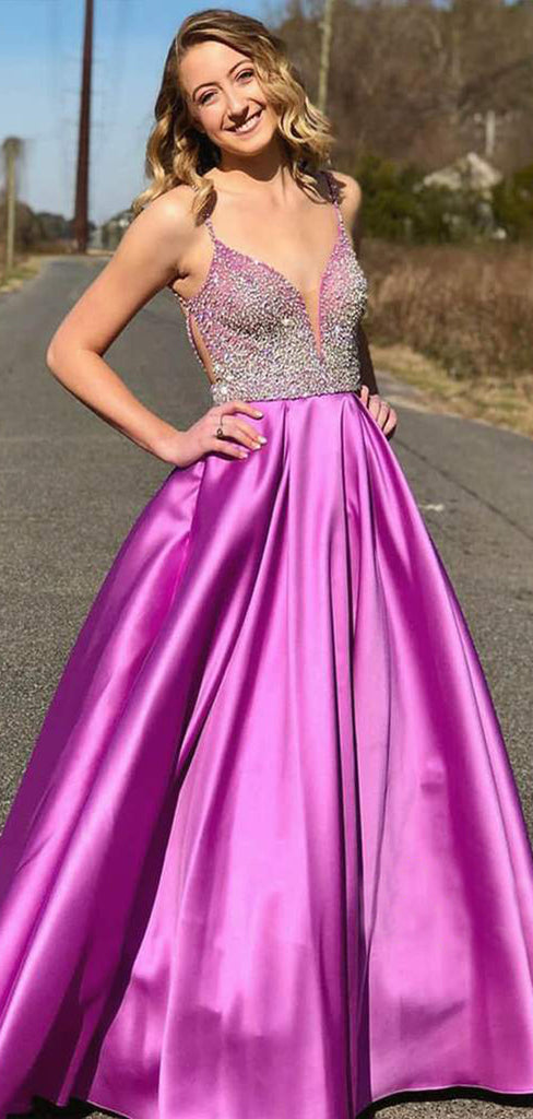 A-line Purple Satin Beaded Backless Long Evening Prom Dresses, Cheap Custom prom dresses, MR7844