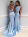 Two Pieces Mermaid Blue Satin Beaded Halter Long Evening Prom Dresses, Cheap Custom prom dresses, MR7845