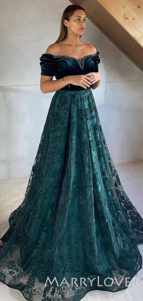 A-line Off Shoulder Dark Green Lace Long Evening Prom Dresses, Cheap Custom Prom Dress, MR7846