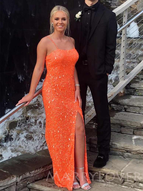 Orange Sequin Mermaid Long Evening Prom Dresses, Cheap Custom Prom Dresses, MR7849