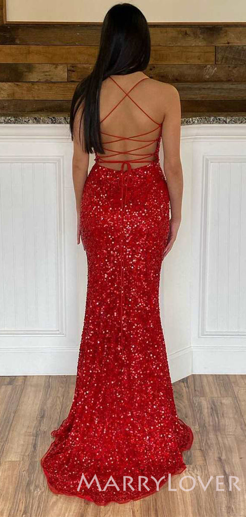 Red Sequin Spaghetti Straps Long Mermaid Evening Prom Dresses, Cheap Custom Prom Dresses, MR7856