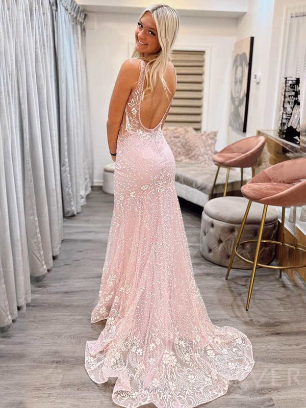 Sexy V-neck Mermaid Pink Lace Long Backless Evening Prom Dresses, MR7863