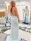 Light Blue V-neck Beaded Side Slit Mermaid Long Evening Prom Dresses, Cheap Prom Dress, MR7864