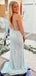 Light Blue V-neck Beaded Side Slit Mermaid Long Evening Prom Dresses, Cheap Prom Dress, MR7864