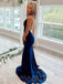 Navy Blue Mermaid Spaghetti Straps Beaded Long Evening Prom Dresses, Cheap Custom Prom Dresses, MR7865