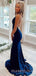 Navy Blue Mermaid Spaghetti Straps Beaded Long Evening Prom Dresses, Cheap Custom Prom Dresses, MR7865