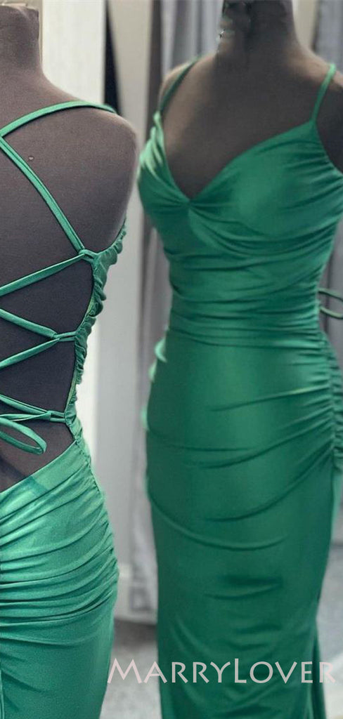 Mermaid Green Satin Spaghetti Straps Long Backless Evening Prom Dresses, Cheap Custom Prom Dress, MR7868