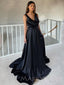 A-line Black Satin V-neck Long Evening Prom Dresses, Custom Prom Dress, MR7873