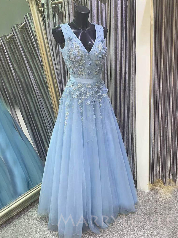 Blue Tulle A-line Appliques Long Evening Prom Dresses, Cheap Custom Prom Dresses, MR7875